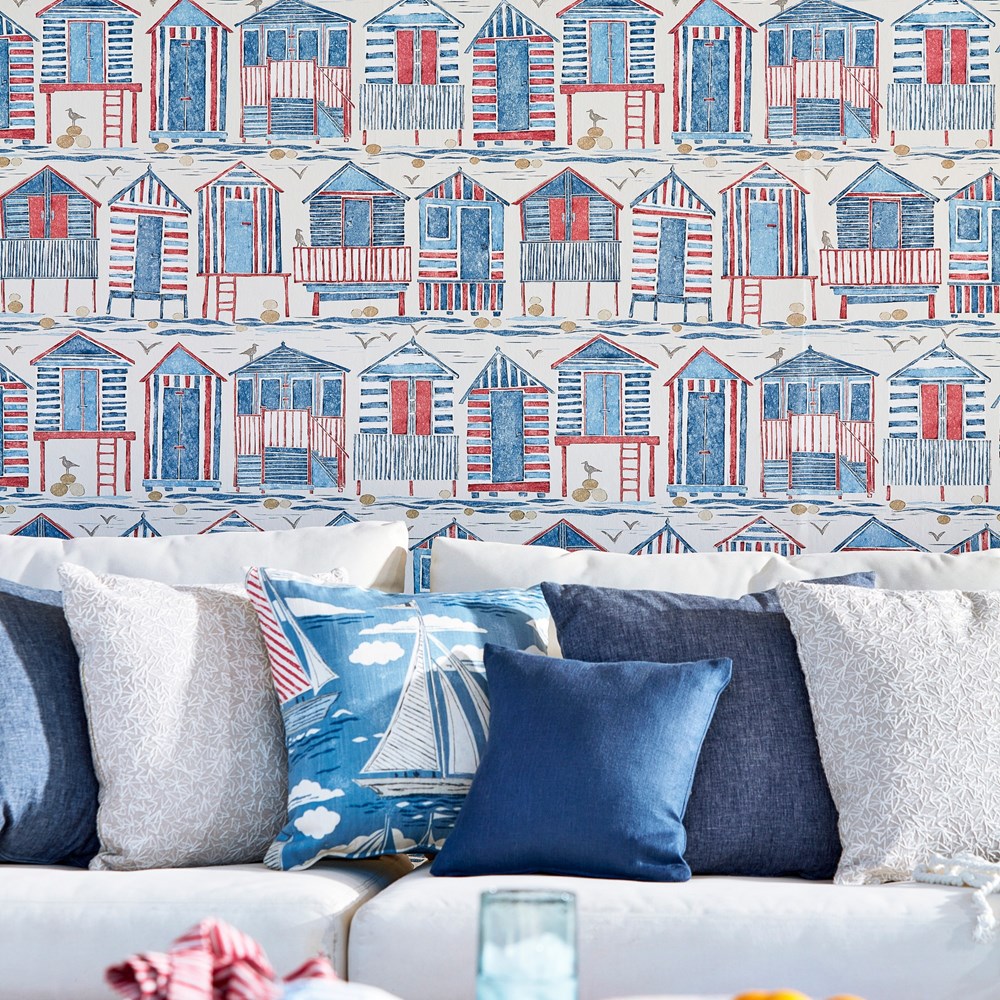 Beach Huts Wallpaper 216559 by Sanderson in Nautical Blue